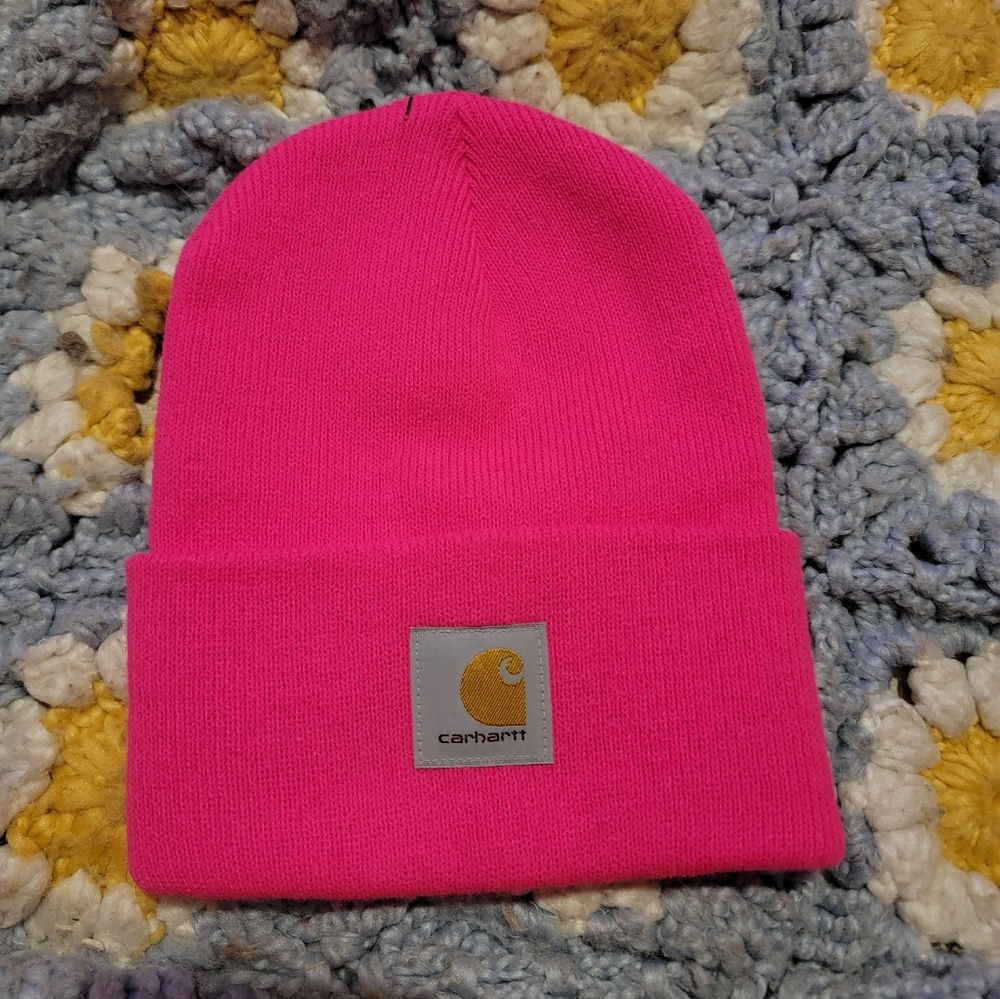 Carhartt Women's Hot Pink Cuffed Knit Beanie Stocking Cap with Logo Patch